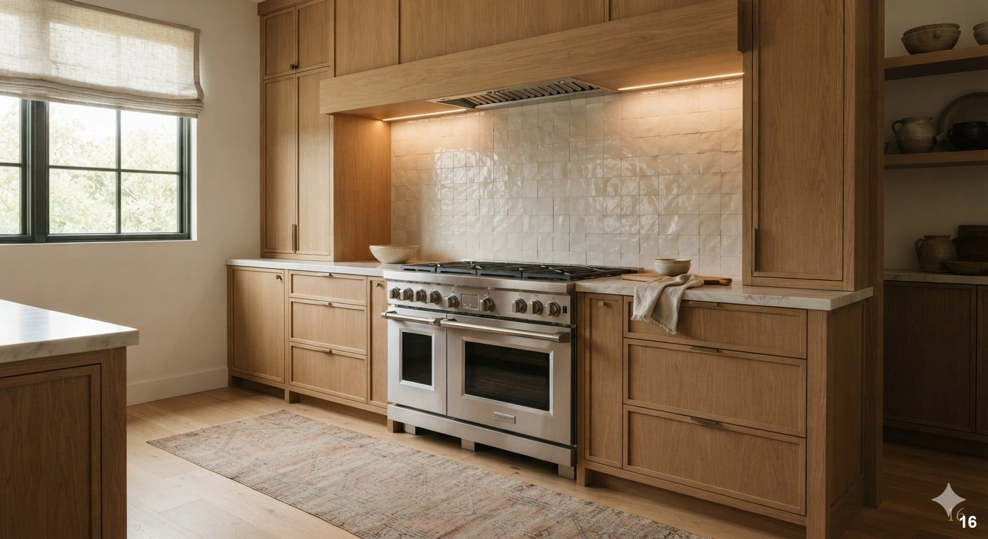 Professional architectural of a luxurious, warm modern kitchen. the scene features a high-end stainless steel professional...