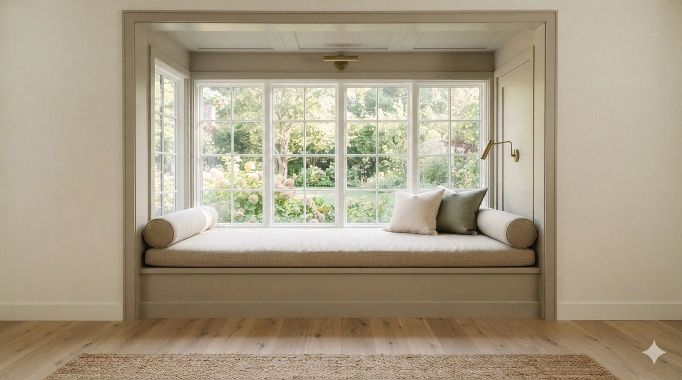 An editorial architectural interior photograph of a custom-built double-sided window bench set within a deep bay window. the...