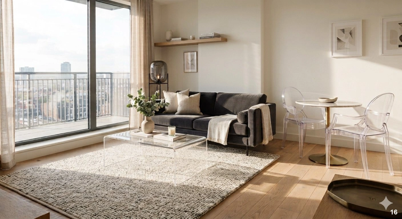 Professional architectural of a compact, sun-drenched modern living room. the room features a sleek, clear acrylic coffee...