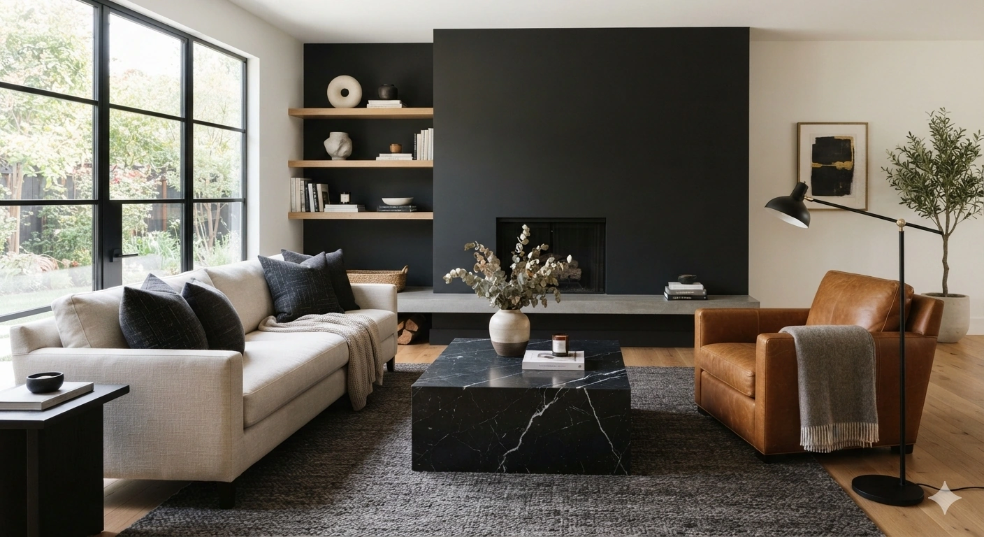 An eye-level professional architectural photograph of a bright, contemporary living room designed to balance a warm...