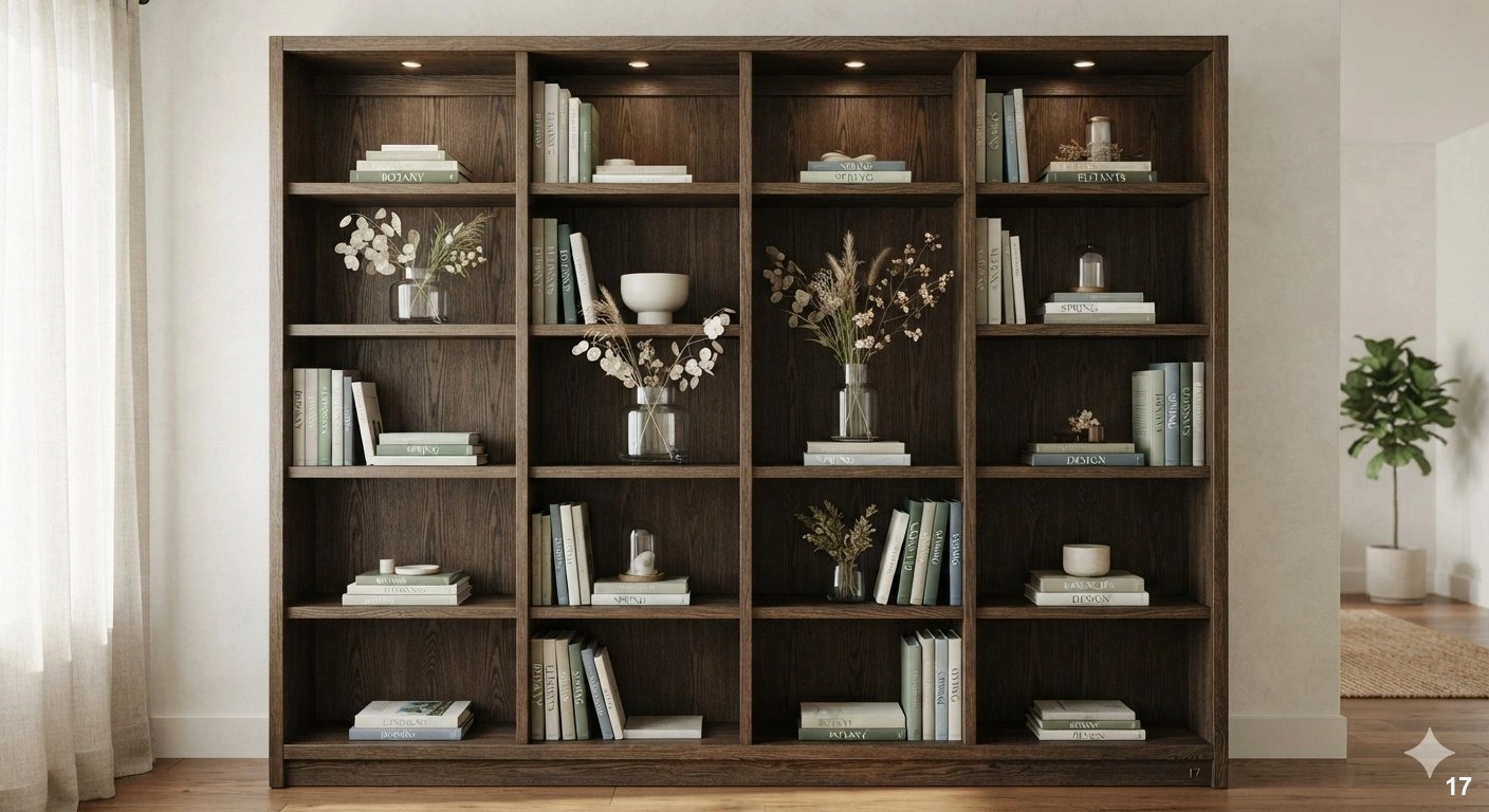 Professional architectural of a sophisticated floor-to-ceiling dark oak bookshelf in a modern, light-filled living room. the...