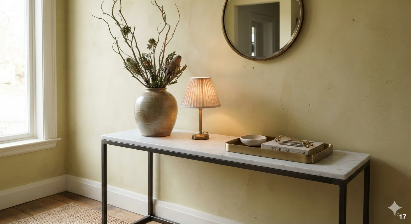 A professional editorial photograph of a curated entryway console table vignette. the scene features a slim, honed...