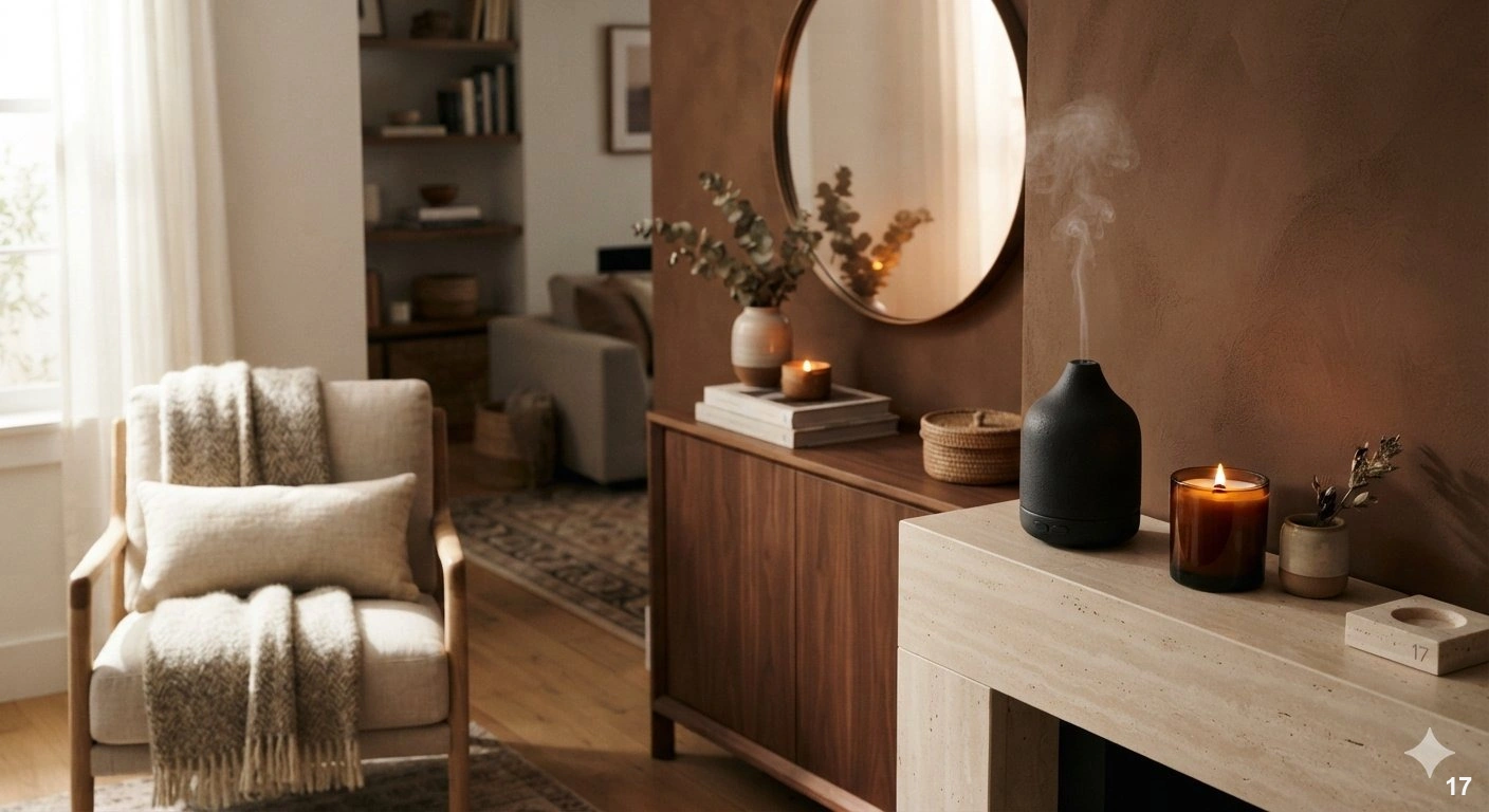 Professional a sophisticated, cozy living room corner. a minimalist travertine mantel holds a single, high-end sculptural...