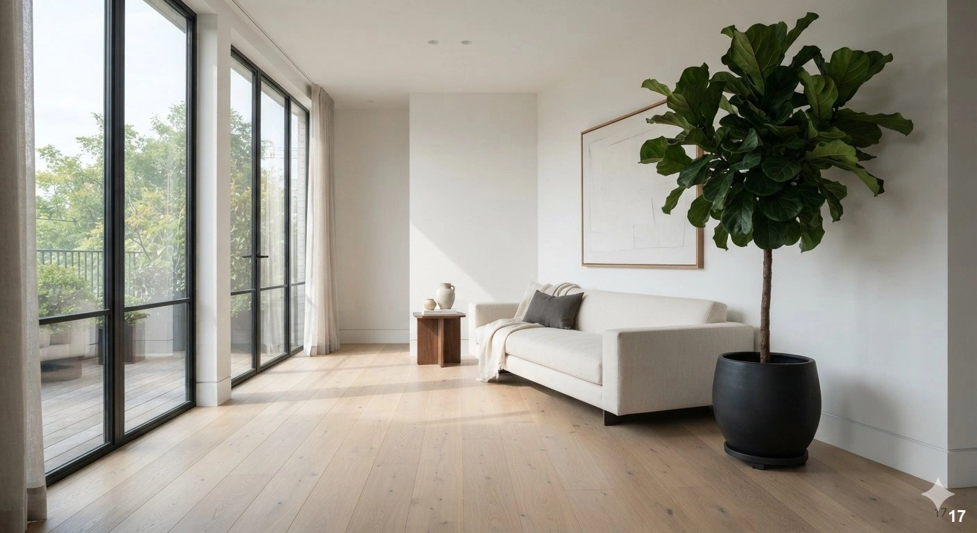 A professional architectural interior photograph of a refined, airy living room with a minimalist aesthetic. the space...