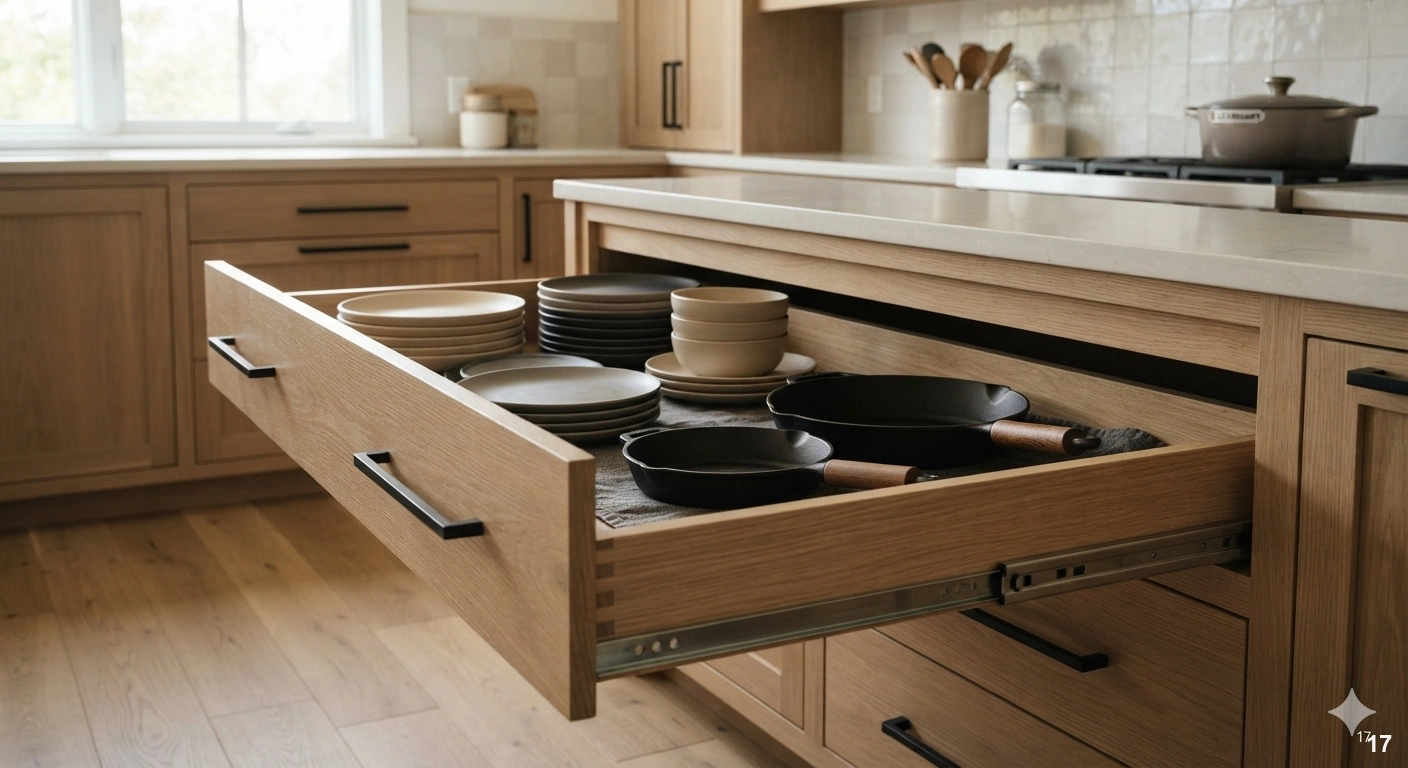 Professional a high-end modern kitchen. the focus is on a wide, open, deep kitchen drawer revealing perfectly organized...