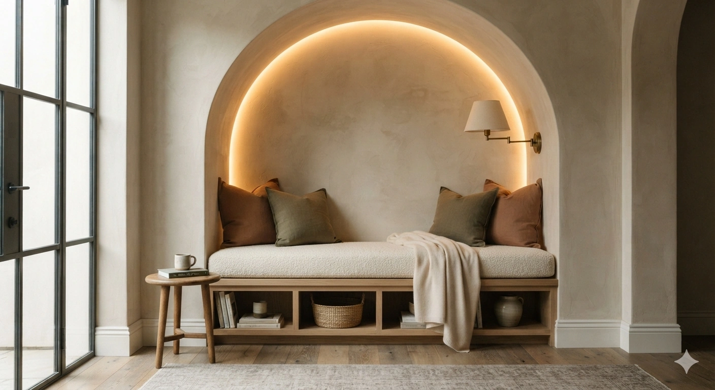 An architectural interior photograph of a cozy reading nook built into a plaster-finished arched alcove. the built-in bench...