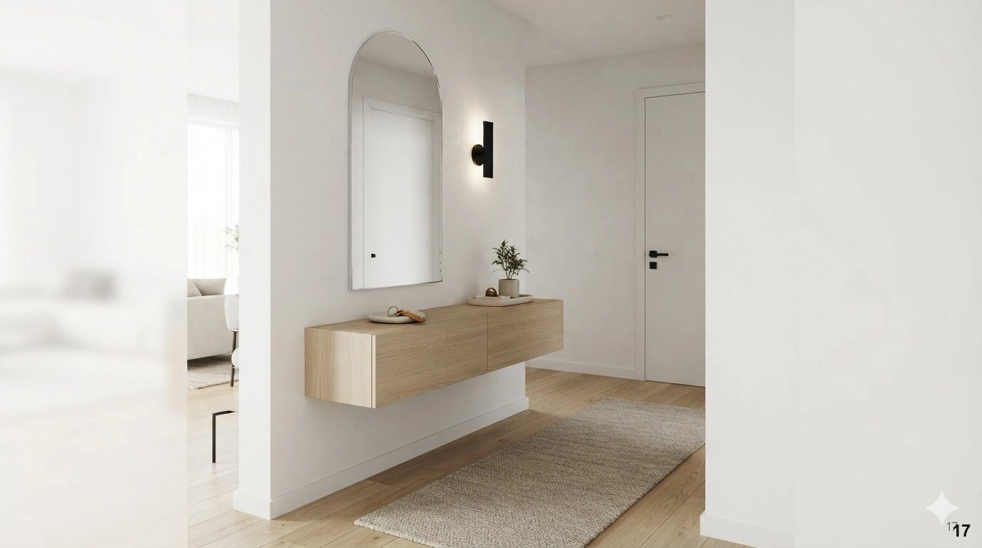 Professional architectural of a sophisticated, compact entryway in a modern flat. the scene features a sleek, white oak...