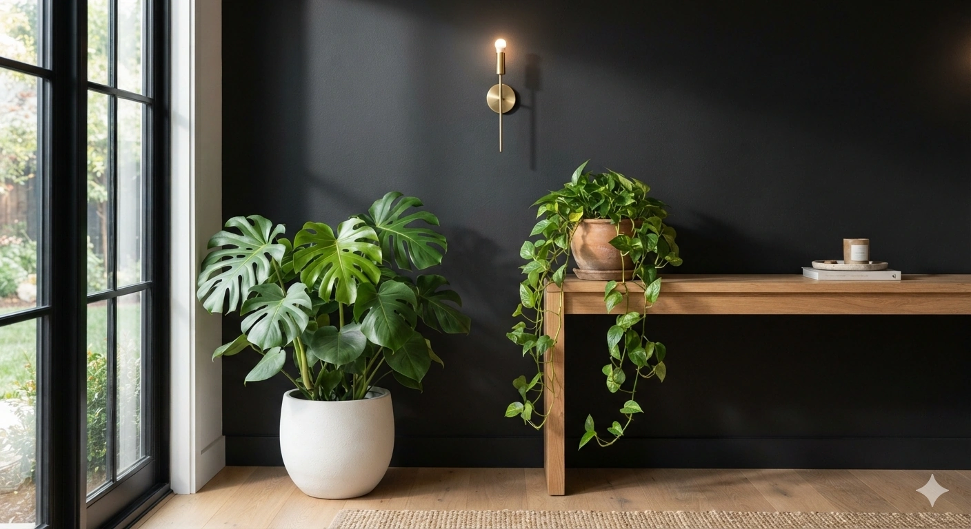 An editorial architectural photograph of a modern living room corner featuring a matte warm black accent wall. a large...