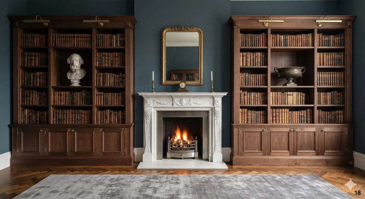 Professional architectural of a sophisticated home library featuring two identical, floor-to-ceiling dark walnut built-in...