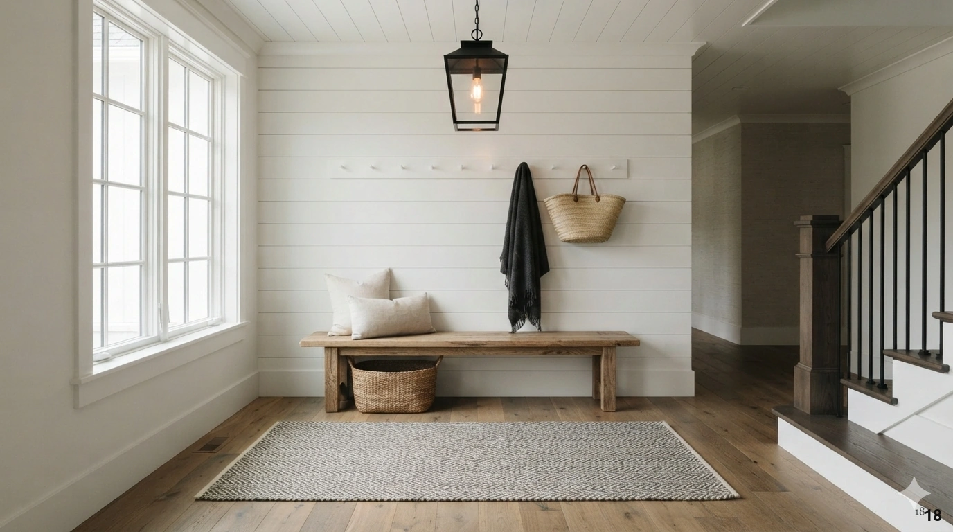 Professional architectural of a cozy, modern farmhouse entryway. a reclaimed white oak bench sits against a subtle white...