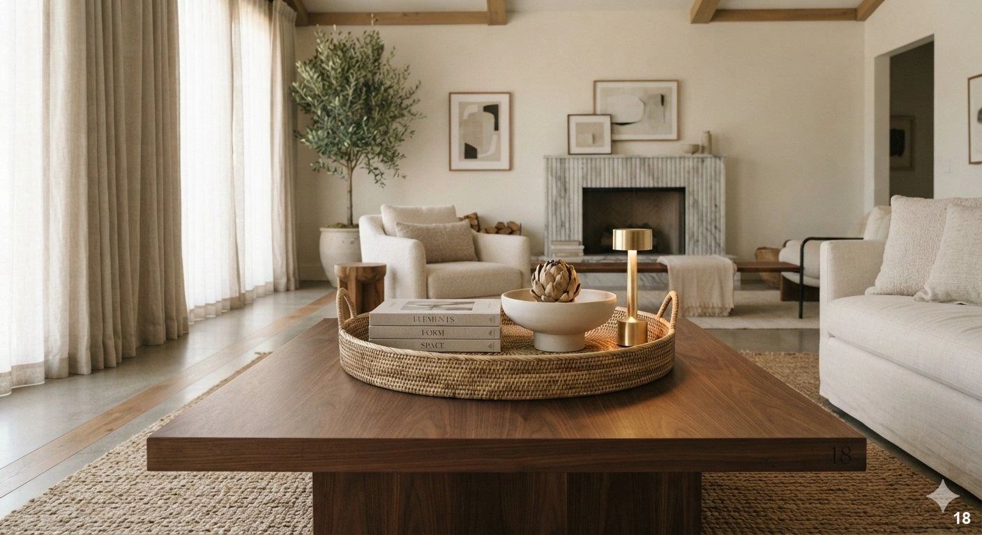 Professional architectural of a sophisticated living room featuring a low, solid walnut coffee table as the focal point. on...