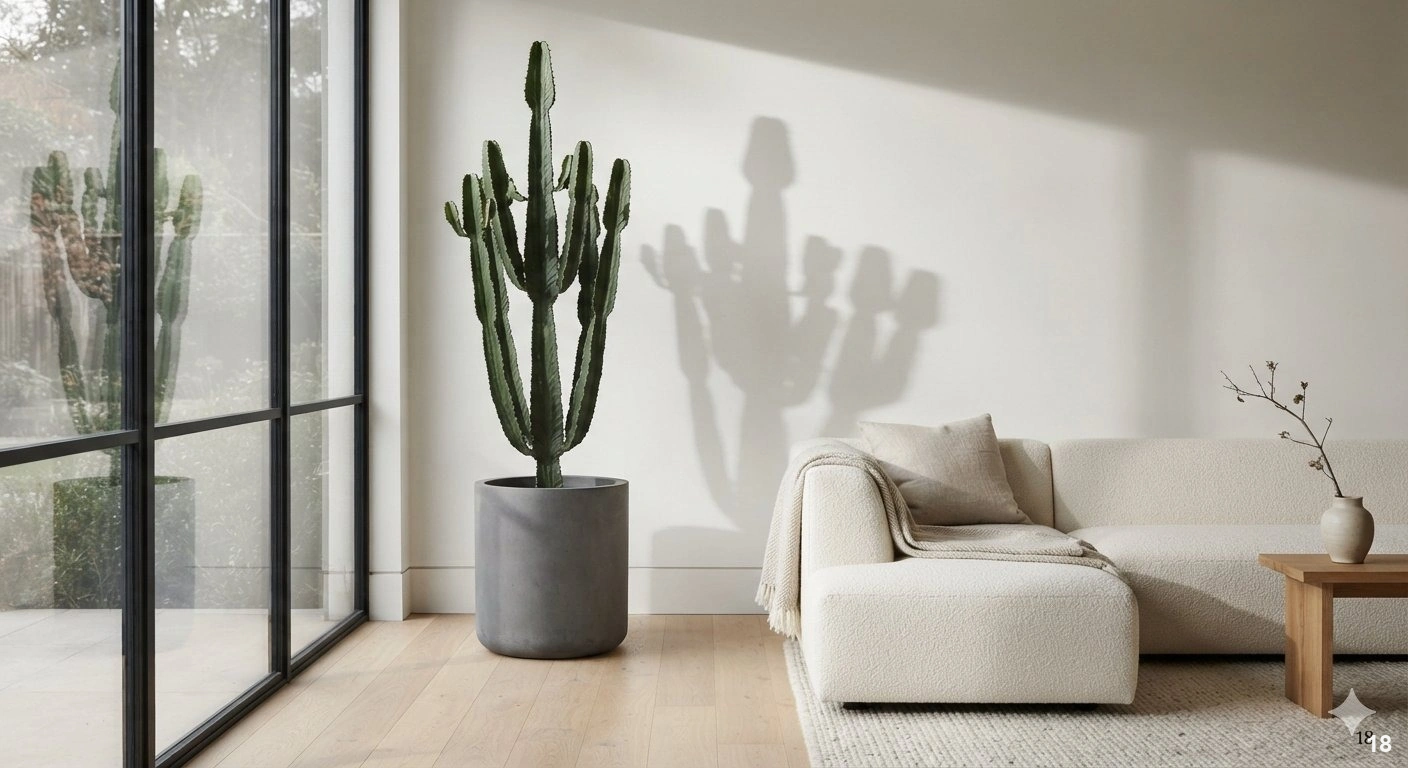 Professional architectural of a sophisticated, minimalist living room. a tall, striking, architectural euphorbia plant...