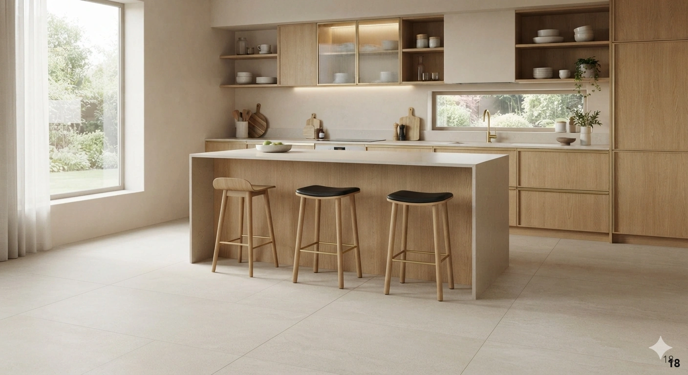 Professional architectural interior photograph of a modern, warm-minimalist kitchen. the floor features large-format matte...