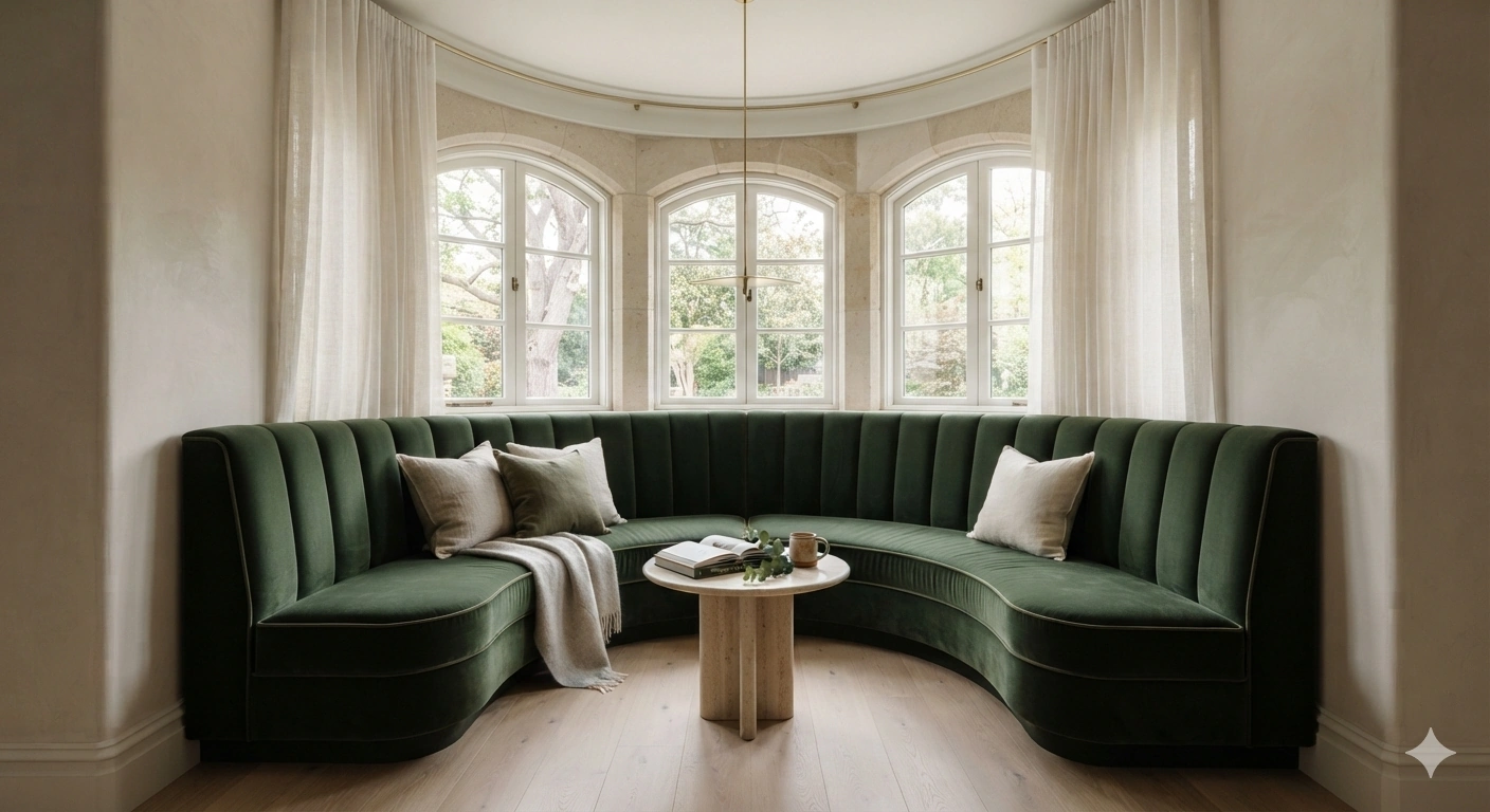 Professional architectural interior photograph of a custom curved reading nook bench built into a rounded bay window turret...