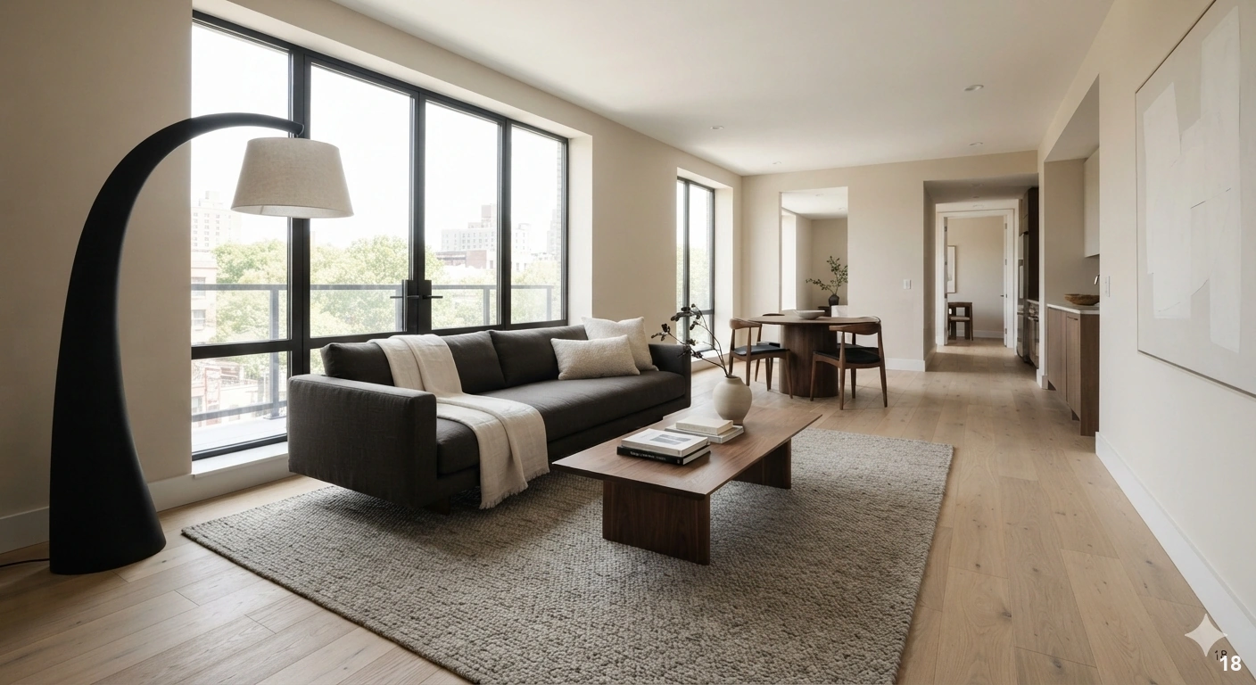 Professional architectural of a sophisticated, compact open-concept living room. a sleek, low-profile, high-quality charcoal...