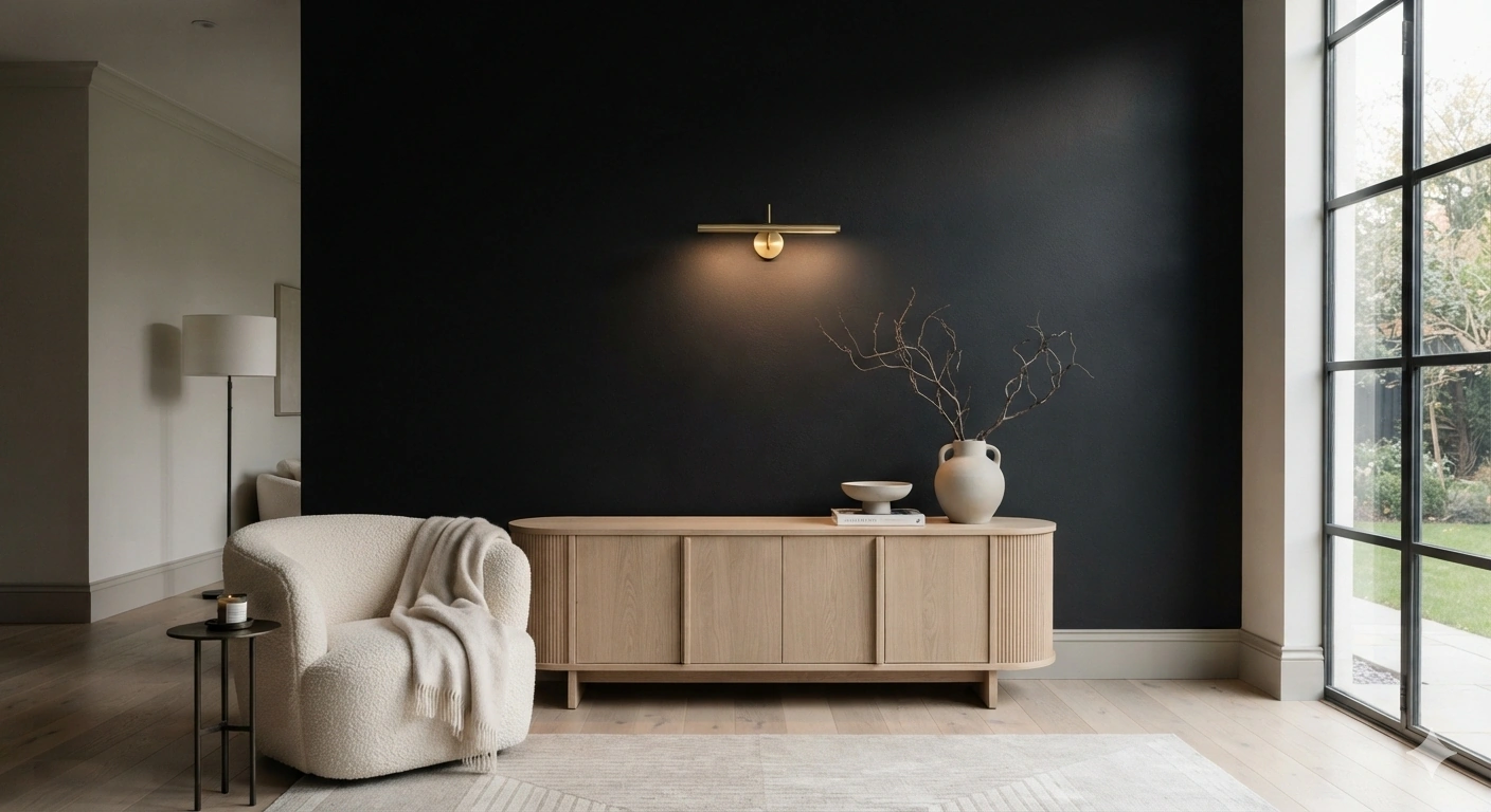 An editorial architectural interior photograph of a modern living room showcasing a flawlessly smooth, velvety matte...