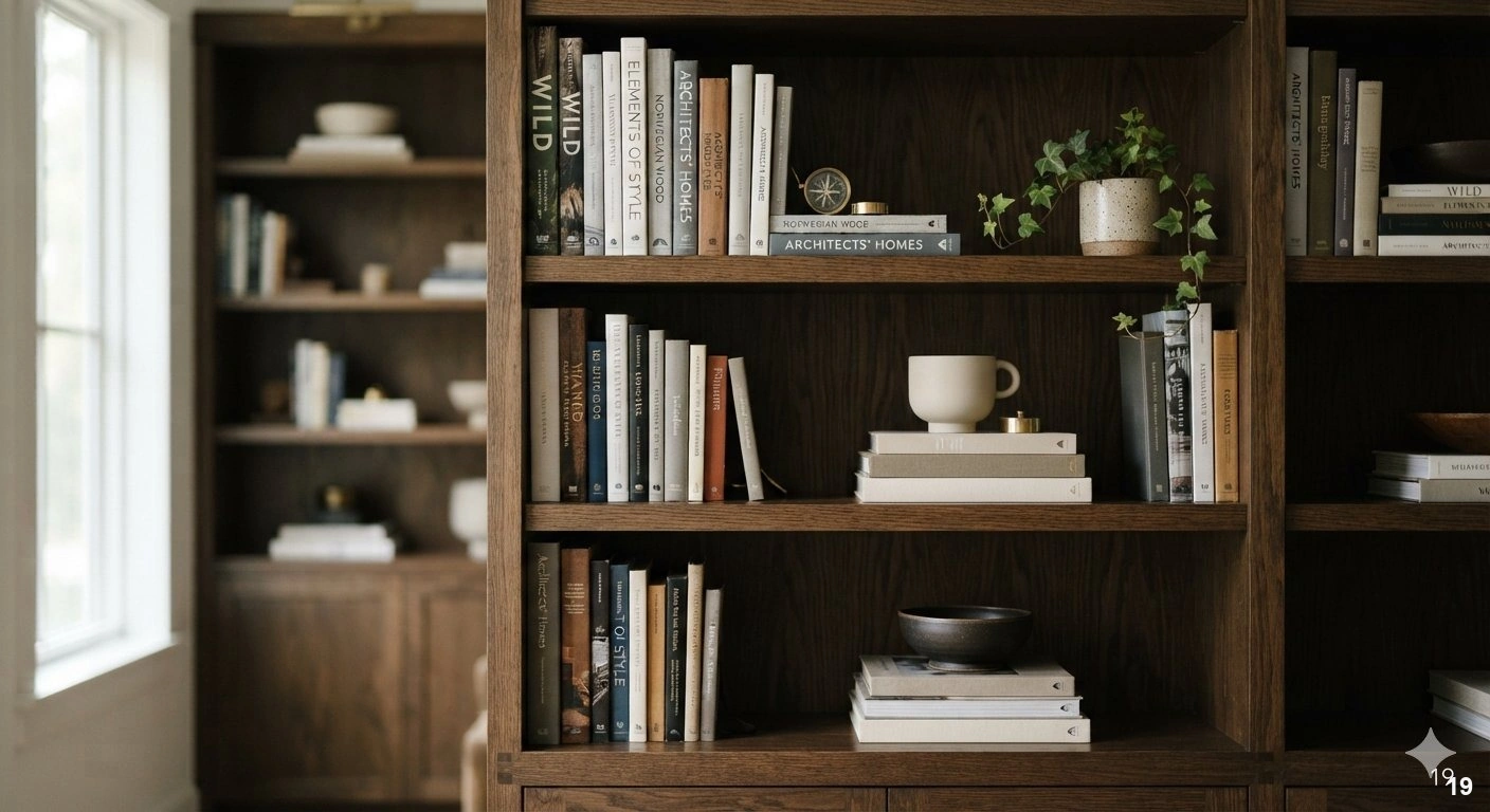 Premium architectural of a sophisticated, floor-to-ceiling custom dark oak bookshelf in a refined living room. the styling...