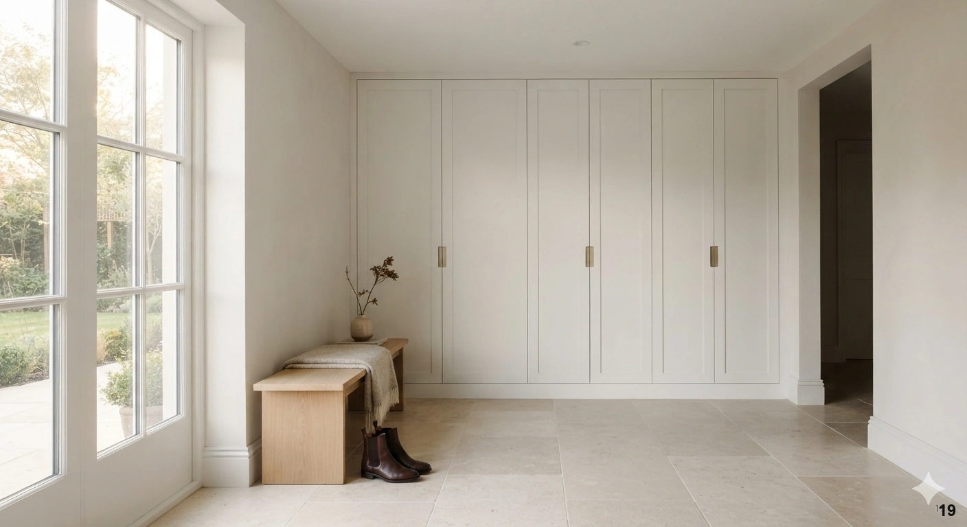 Professional architectural of a serene, modern entryway. the scene features floor-to-ceiling custom cabinetry with seamless...