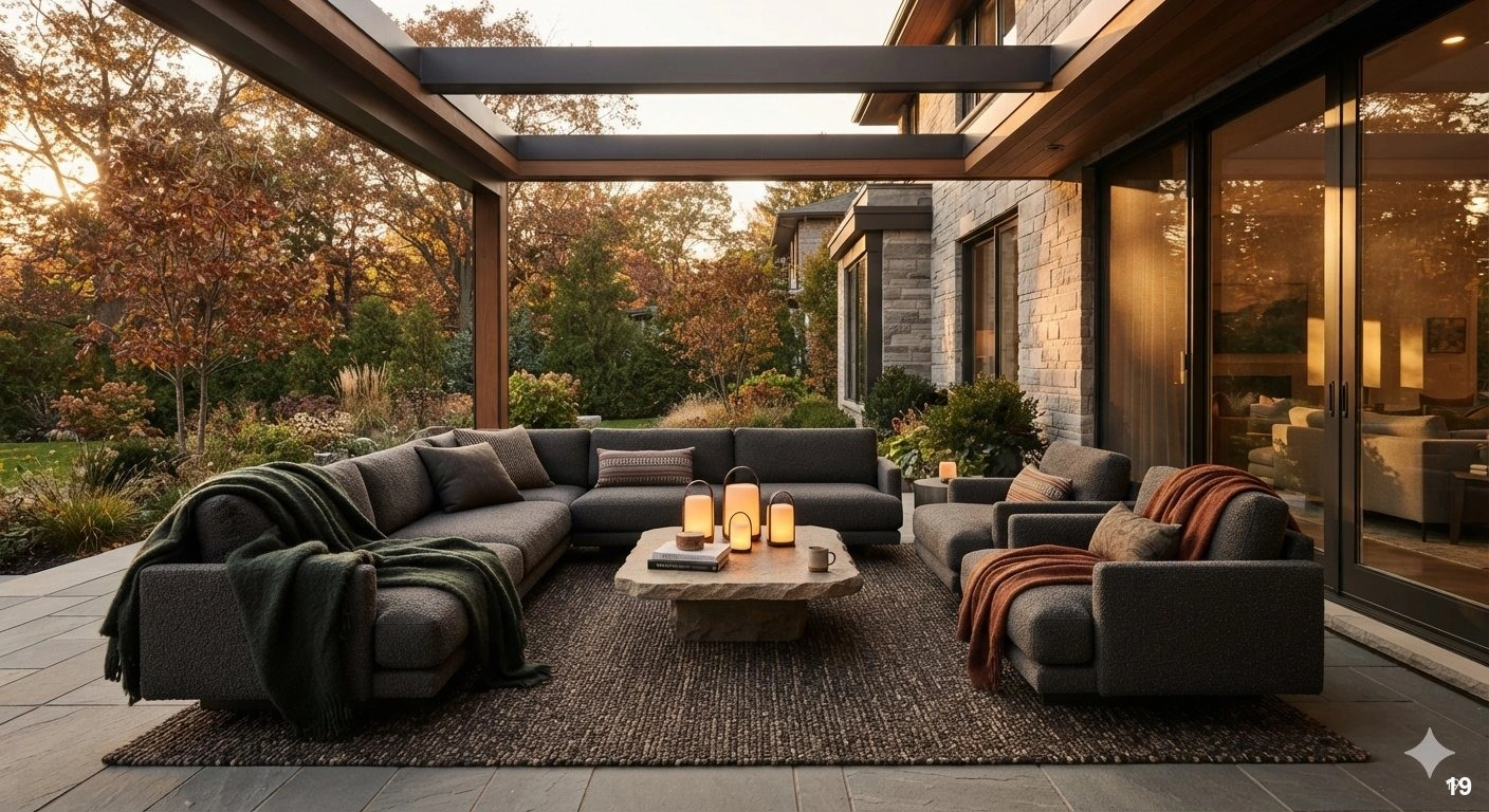 Professional architectural photography of a sophisticated covered patio transition for autumn. the space features high-end...