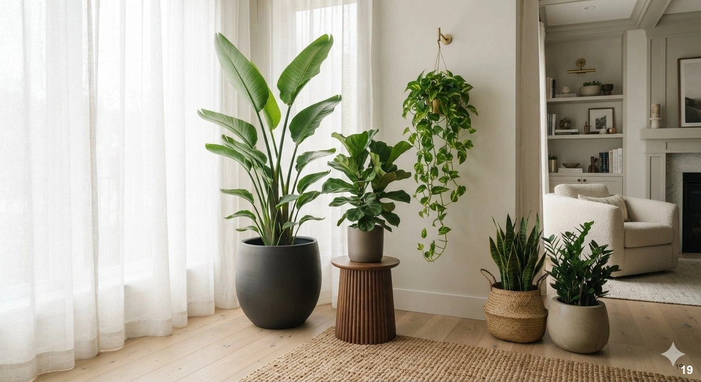 Professional architectural of a sun-drenched living room corner dedicated to a lush botanical display. a tall, vibrant bird...