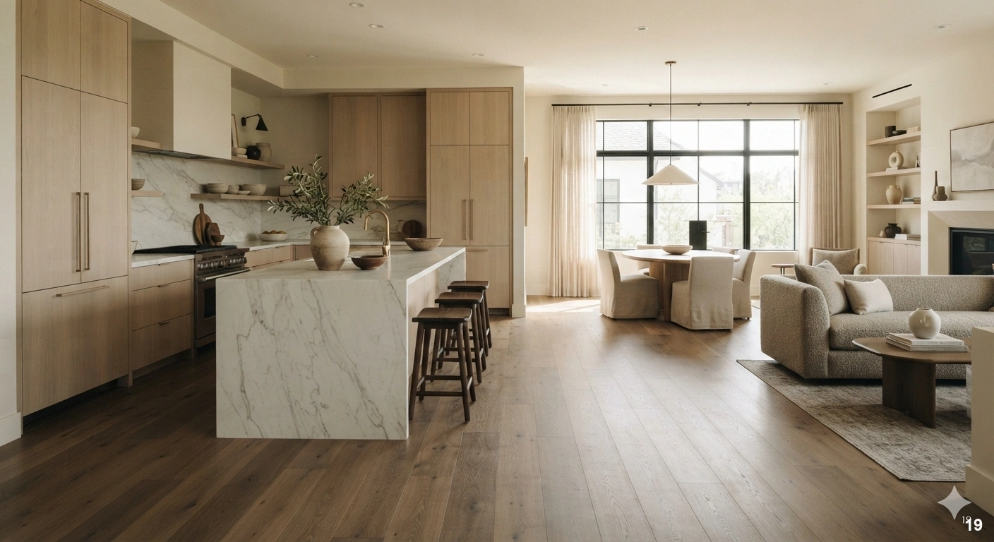 Professional architectural of a sophisticated, open-concept kitchen and living area. the scene features light white oak...