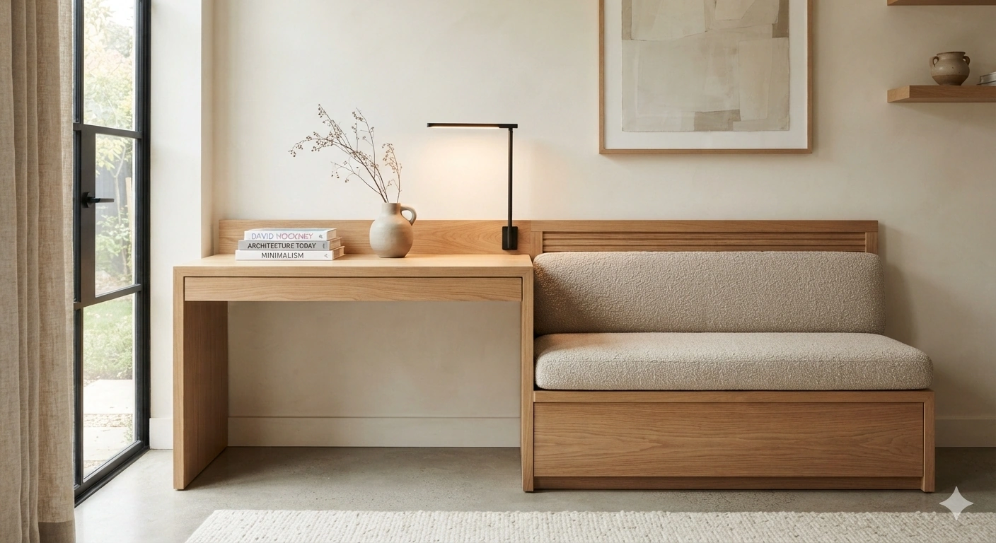 An eye-level architectural interior photograph of a modern multi-functional desk-to-bench convertible unit crafted from...