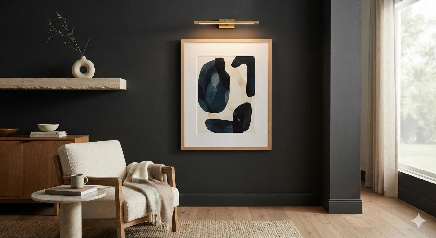 An editorial, professional architectural interior photograph of a styled living room corner featuring a warm, matte...