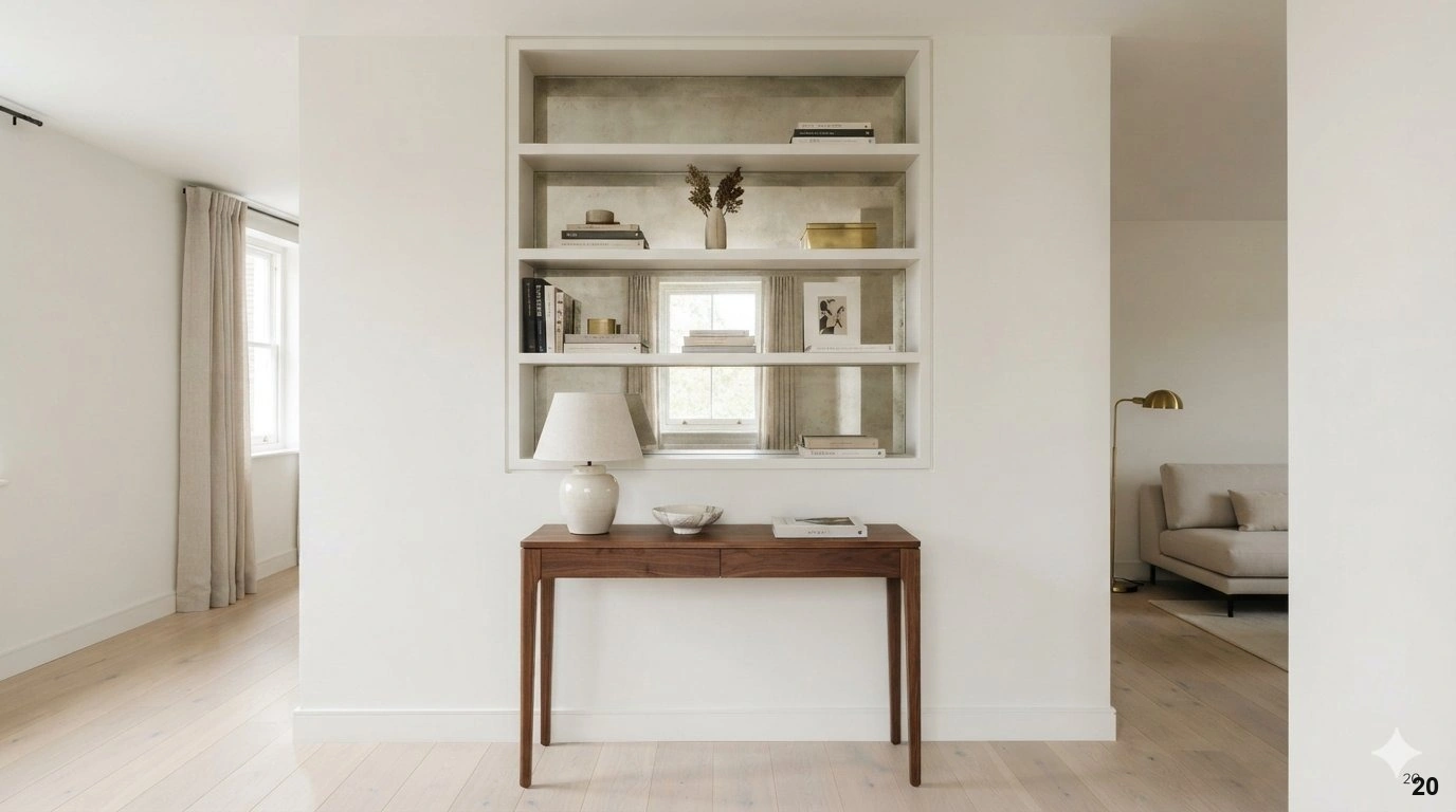 Professional architectural of a sophisticated, compact urban apartment living area. a floor-to-ceiling custom shelving unit...