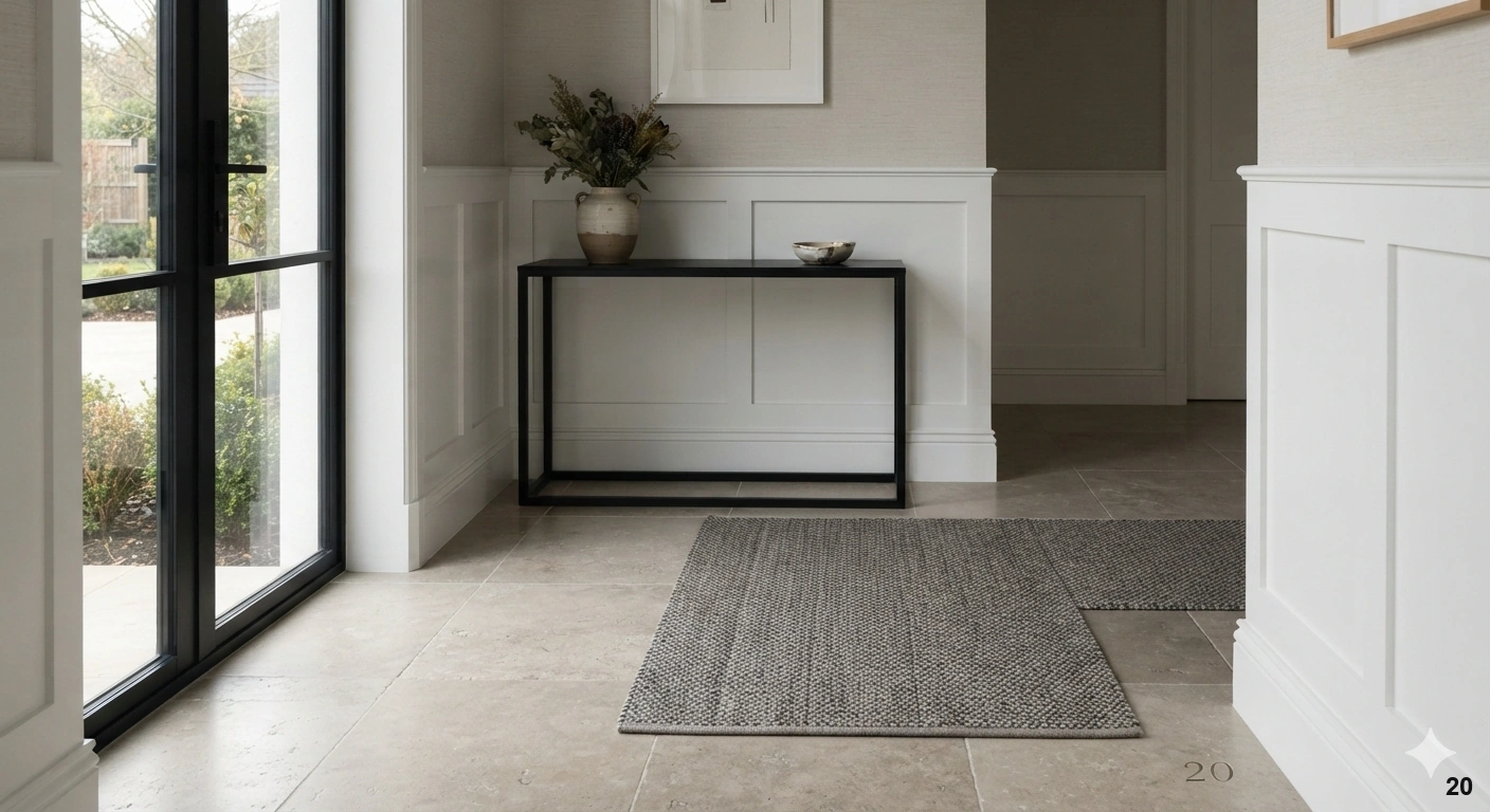 Professional architectural of a high-end, durable entryway. the floor features large-format honed limestone tiles in a warm...