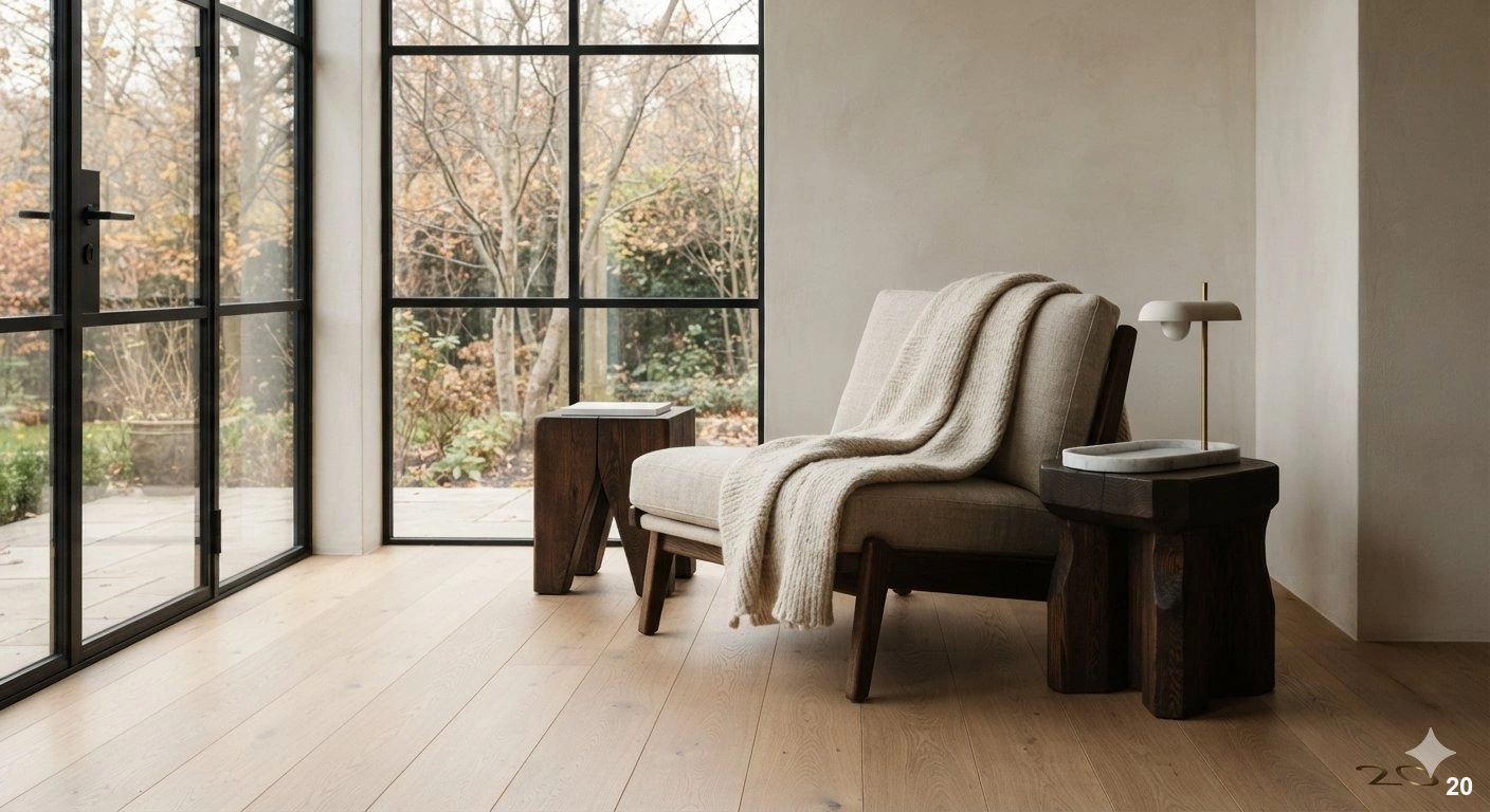 Professional architectural of a sophisticated living room corner designed with a focus on natural, durable materials. the...