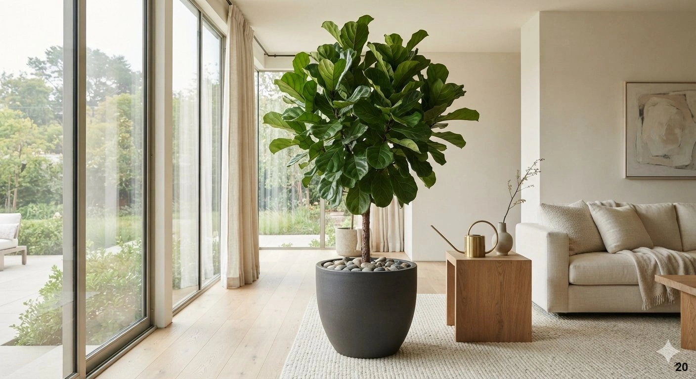 Professional architectural of a sun-drenched, high-end living room featuring a large, vibrant fiddle leaf fig tree in a...