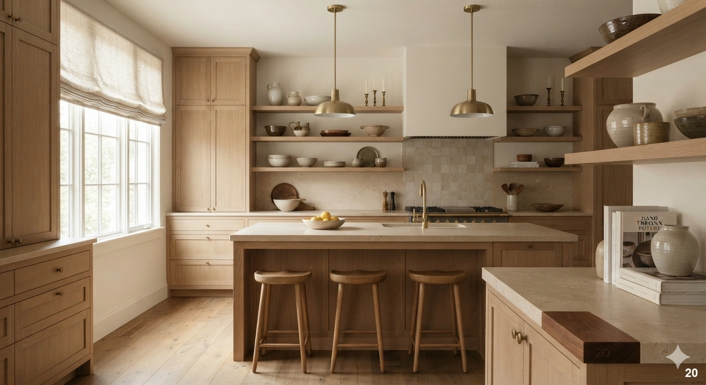 Professional architectural interior photograph of a sophisticated, timeless kitchen. the scene features custom white oak...