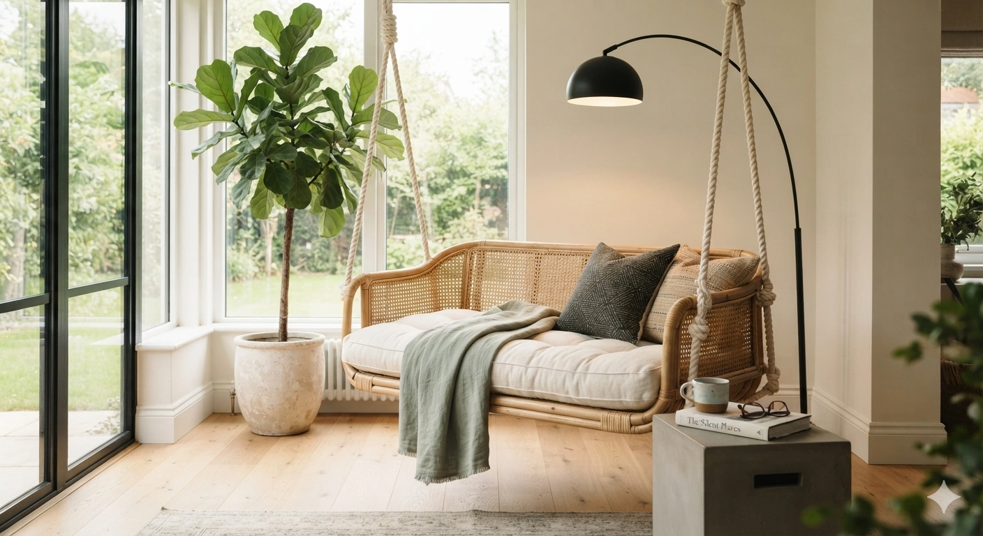 An editorial interior photograph of a cozy reading nook featuring a suspended hanging swing bench in a sunlit corner of a...