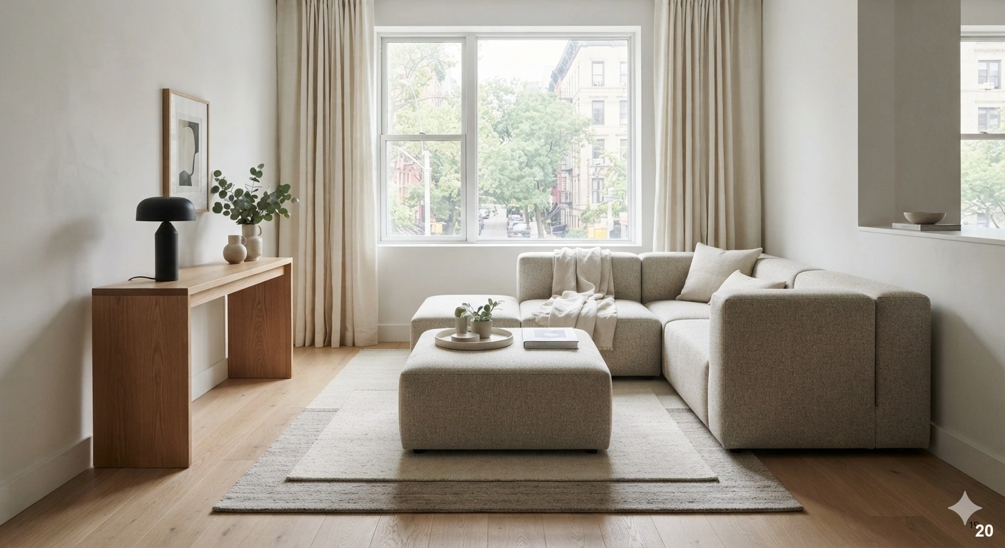 Professional architectural of a compact, open-plan apartment featuring a seamless, continuous floor of wide-plank light oak...