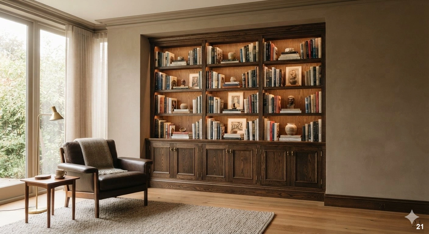 Professional architectural of a sophisticated home library featuring a stunning, floor-to-ceiling custom built-in bookshelf...