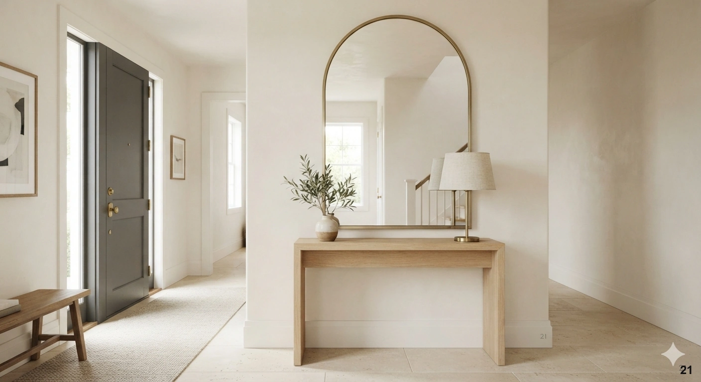 Professional architectural of a bright, welcoming entryway. a large, elegant floor-to-ceiling arched mirror with a slim...