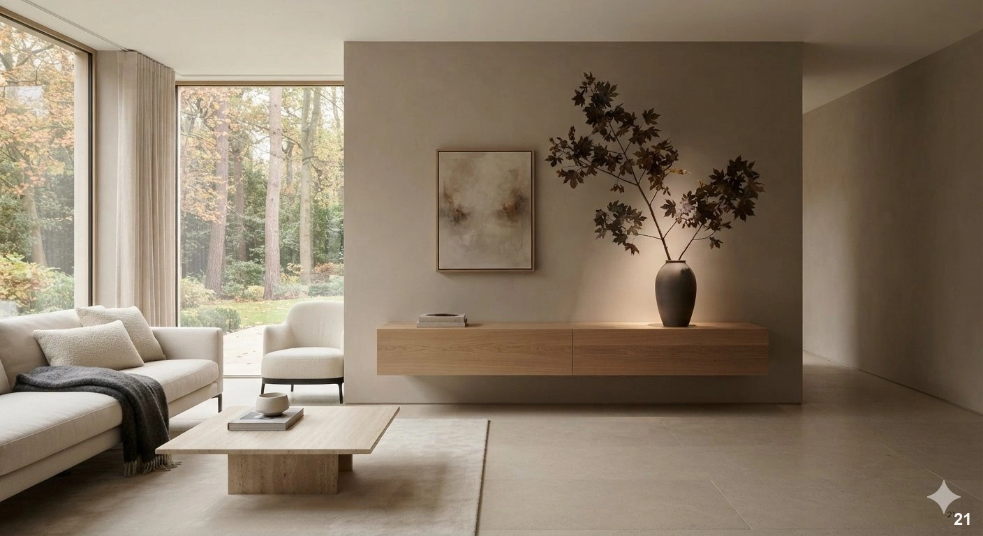 Professional architectural of a sophisticated, minimalist living room designed for autumn. the space features clean lines, a...