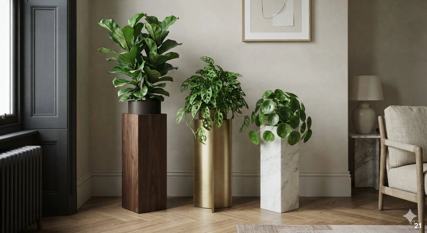 Professional architectural of a sophisticated living room corner featuring a tiered arrangement of three elegant plant...