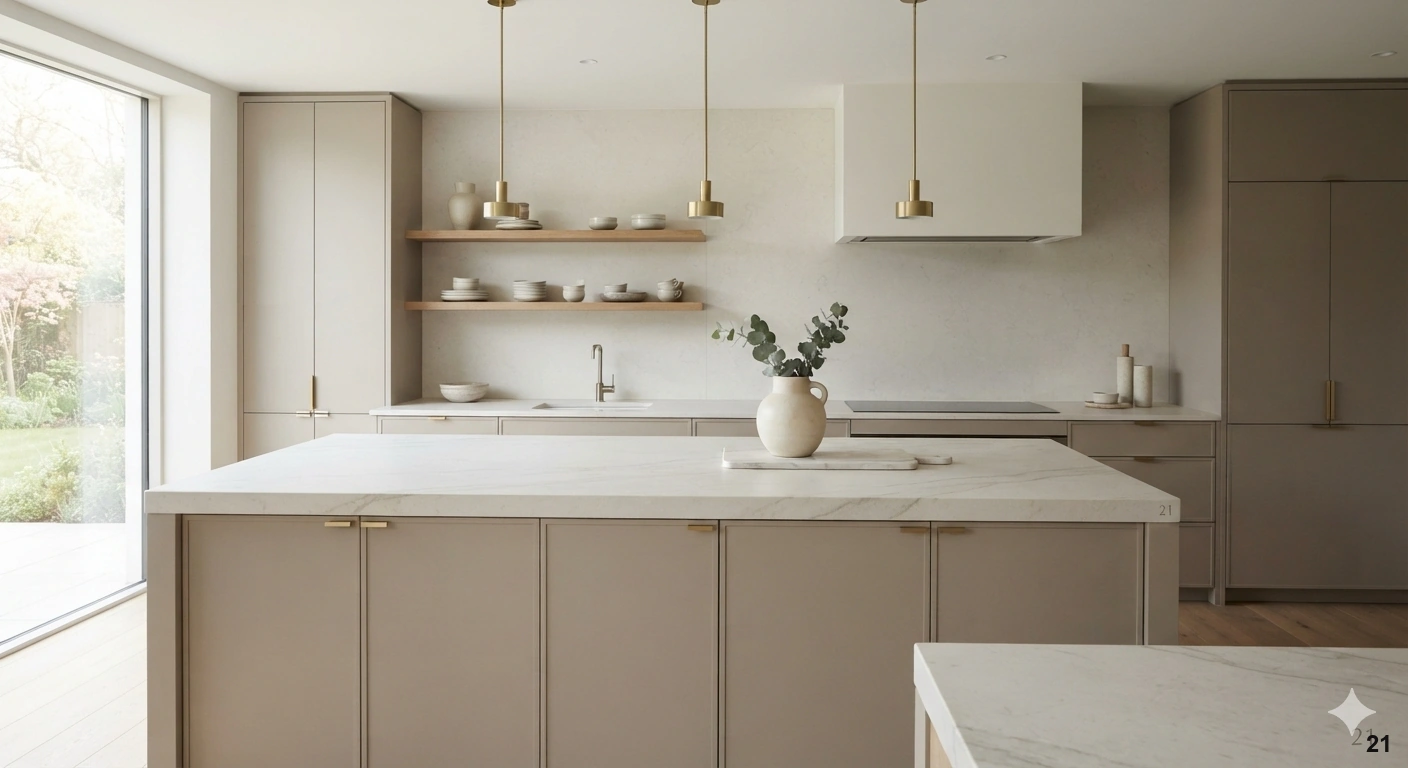Professional architectural of a high-end, timeless kitchen. focus on a central kitchen island featuring a thick, honed...