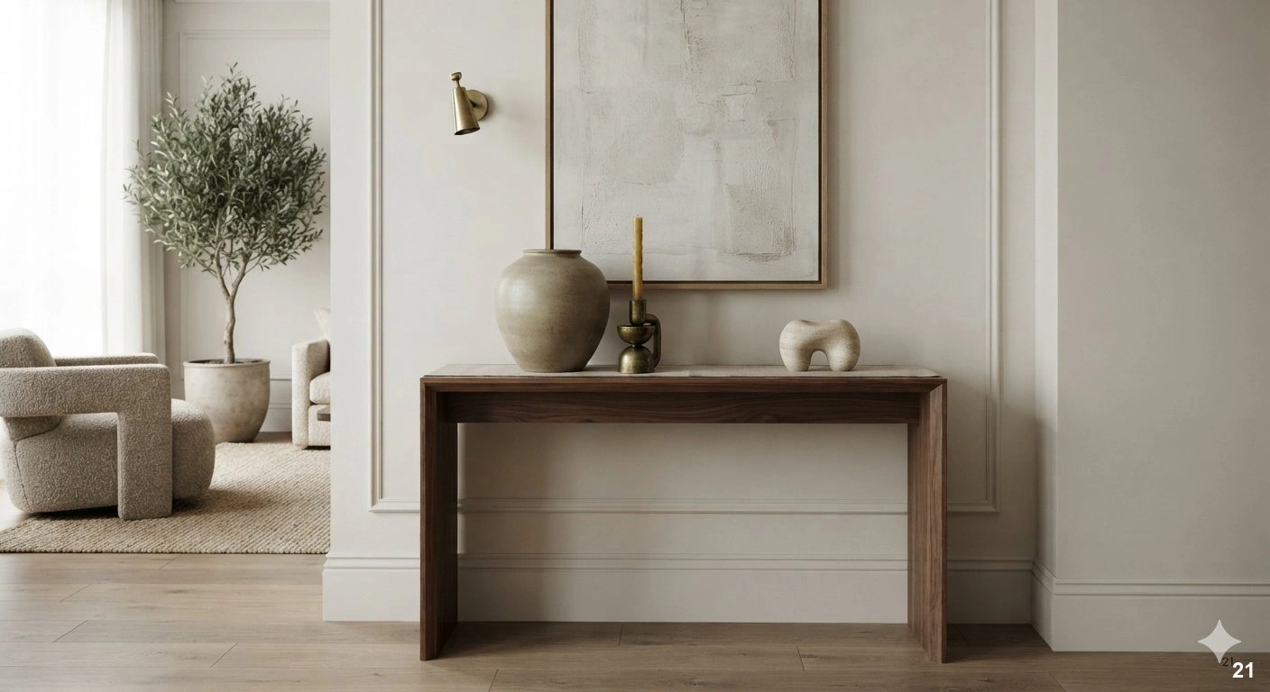 Professional architectural of a sophisticated, compact living area. the focal point is a minimalist console table featuring...