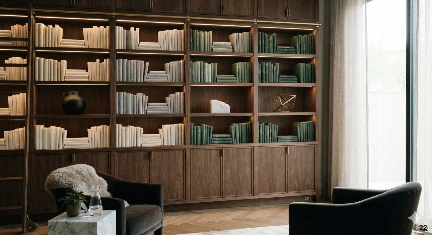 Professional architectural of a sophisticated floor-to-ceiling built-in library wall in a high-end contemporary home. the...