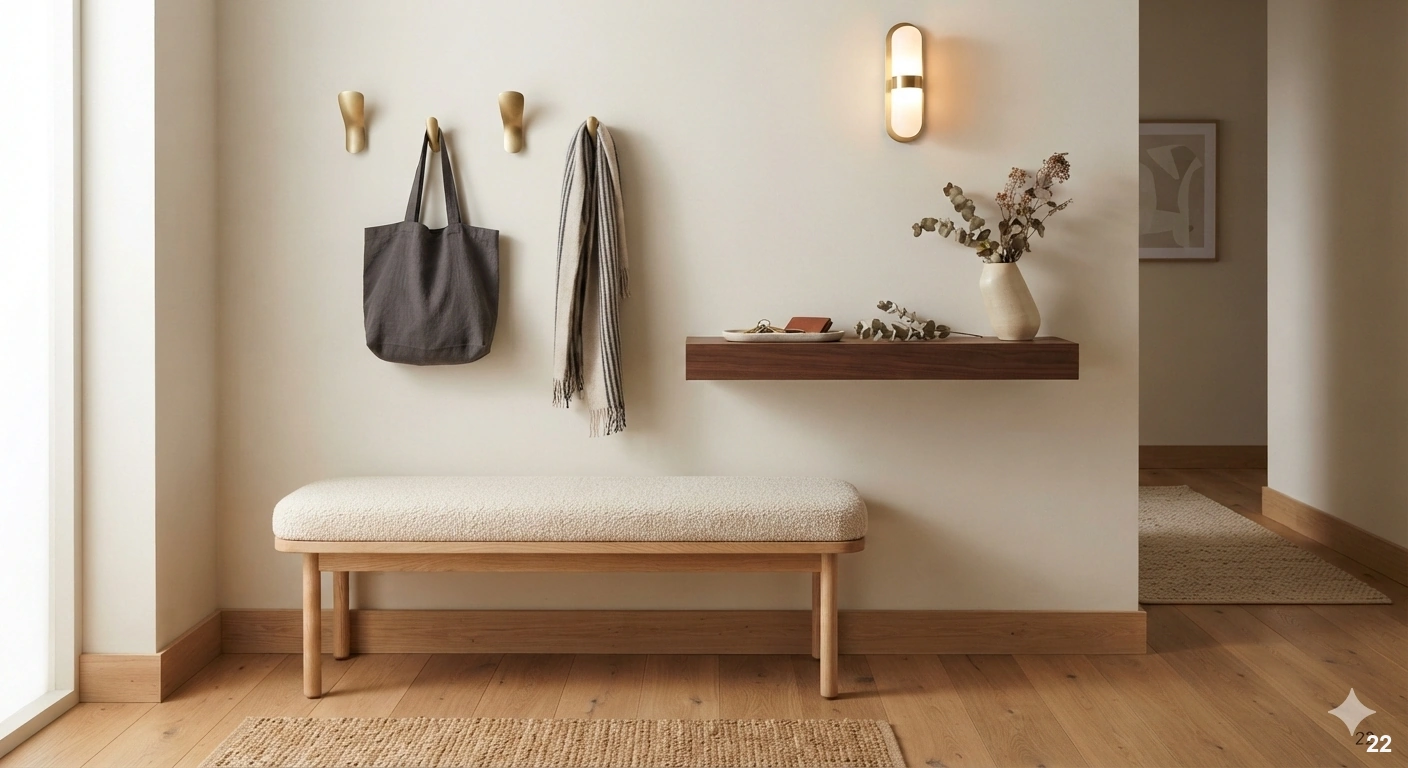 Professional architectural of a minimalist, cozy entryway landing strip. the scene features a slim natural white oak bench...
