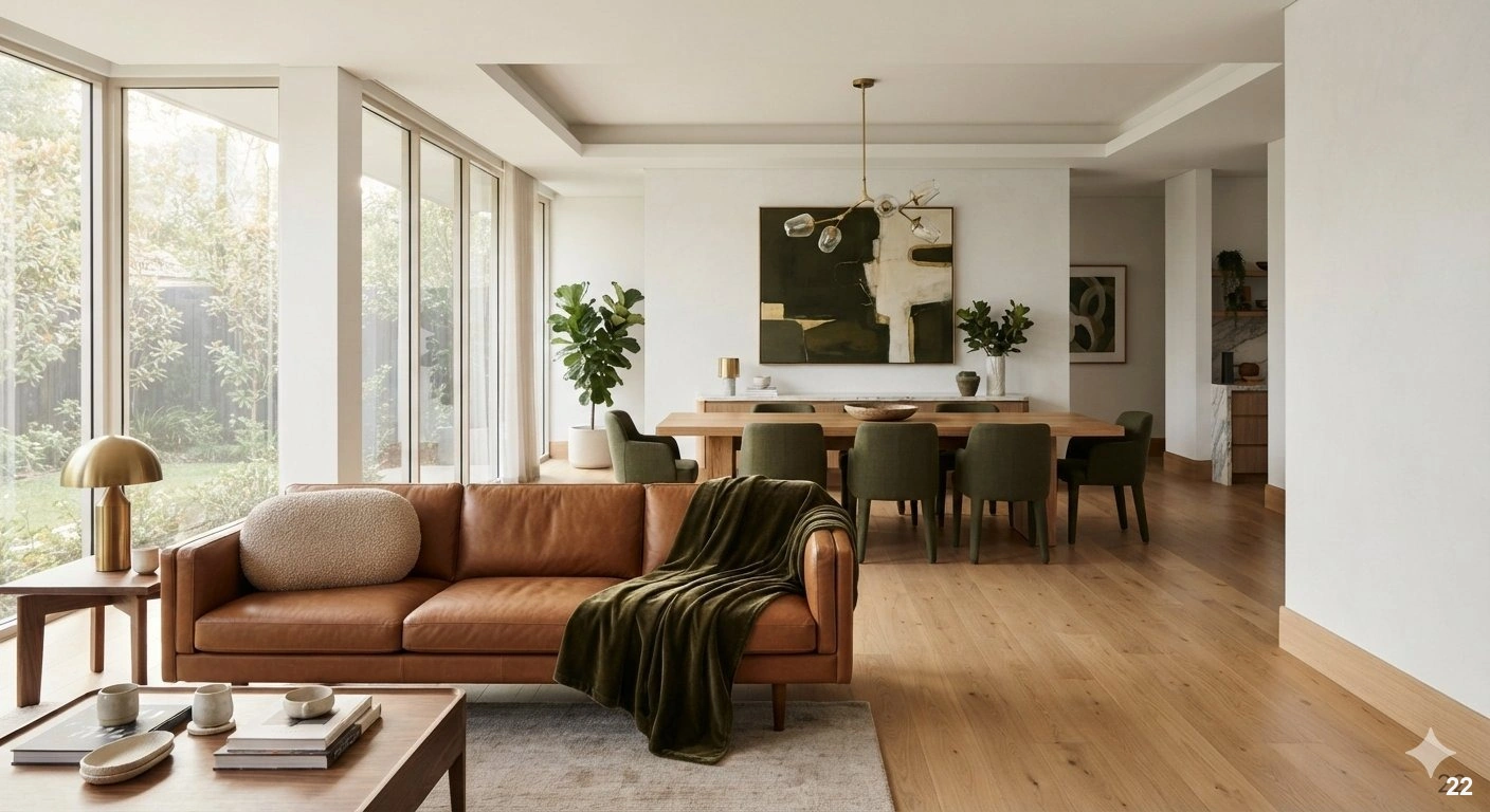 Professional architectural showing a seamless transition from a living room into a dining area. the composition is captured...