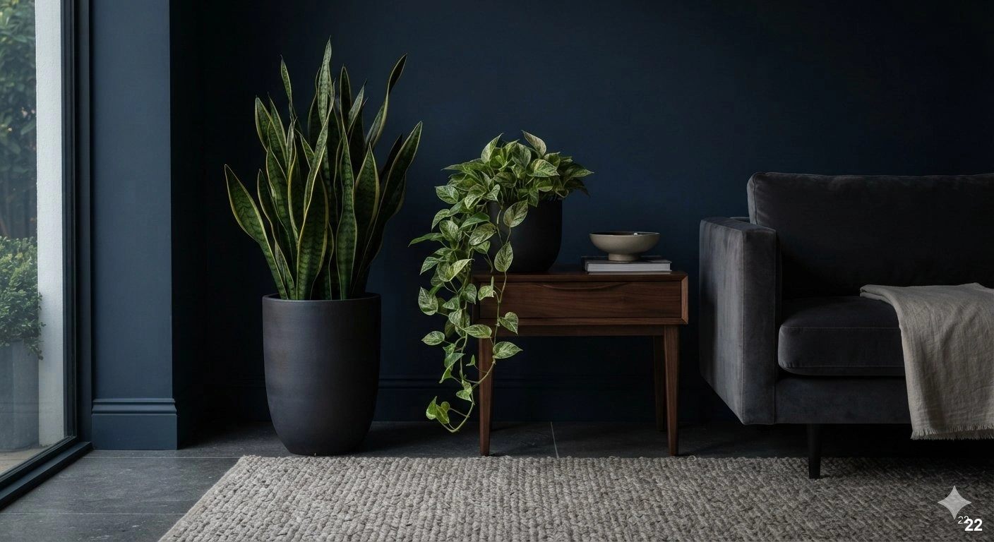 Professional architectural of a sophisticated, moody living room corner featuring a large, architectural snake plant and a...
