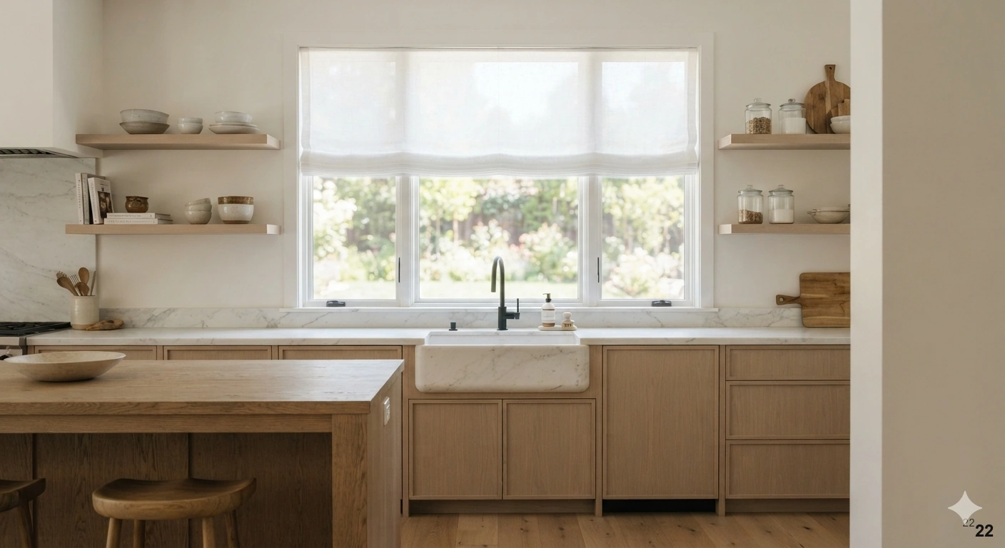 Professional architectural of a bright, airy modern kitchen featuring a large window above the sink with sheer white linen...
