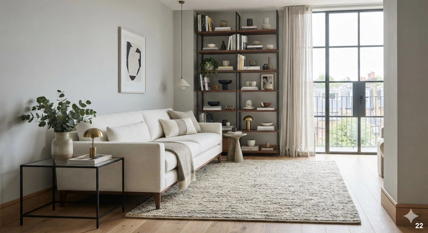 Professional architectural of a sophisticated, compact urban living room. the room features a single, generous, high-end...