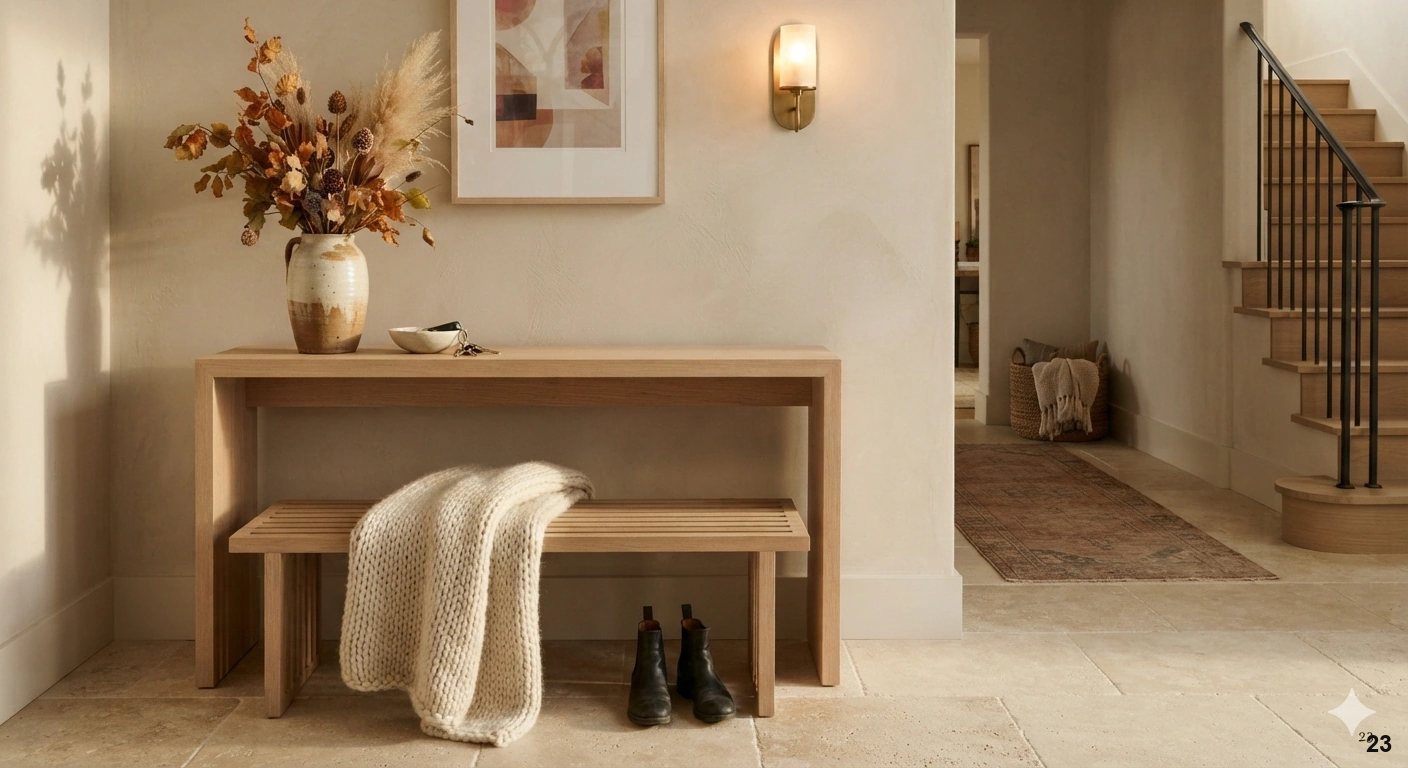 Professional a sophisticated, cozy entryway transitioning into autumn. the scene features a minimalist white oak console...