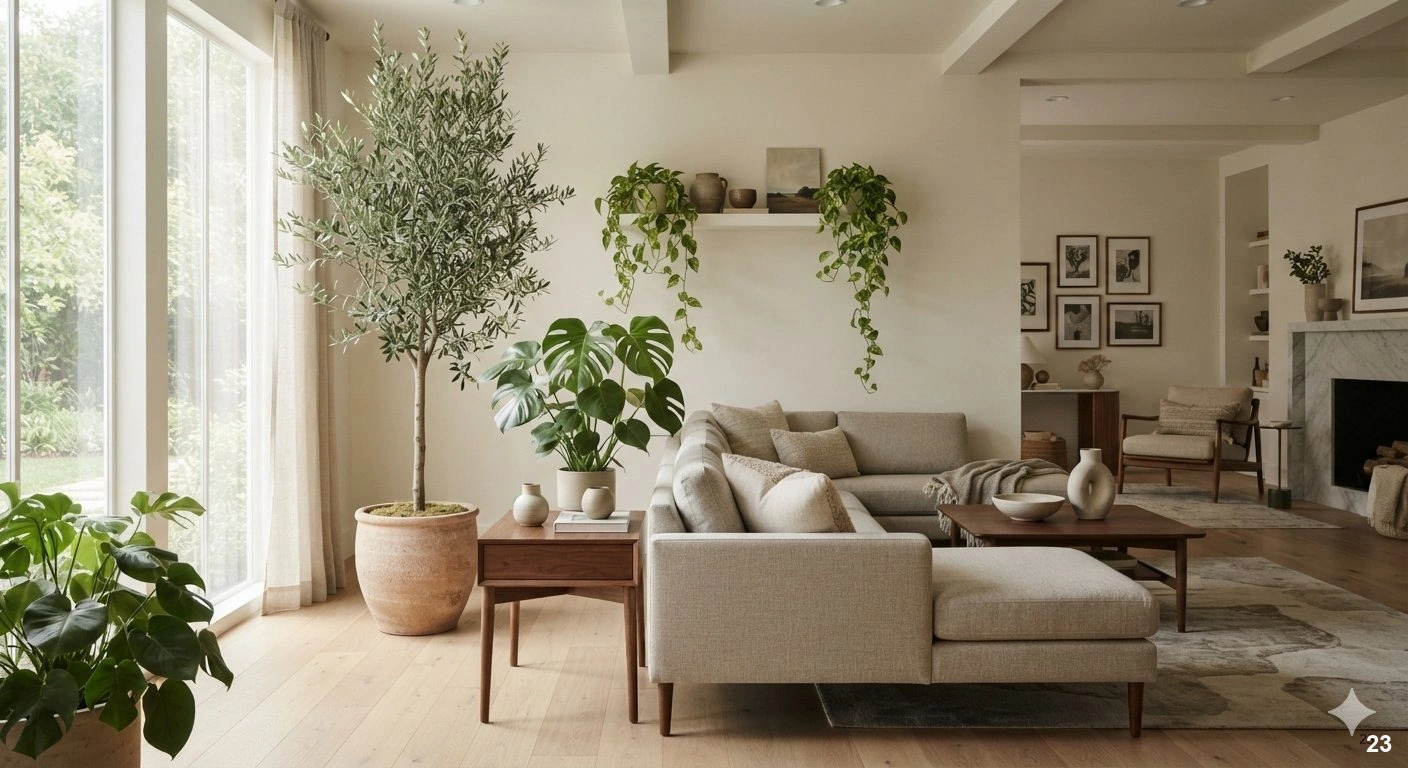 Professional architectural of a sophisticated living room showcasing a layered botanical arrangement. a tall, elegant potted...
