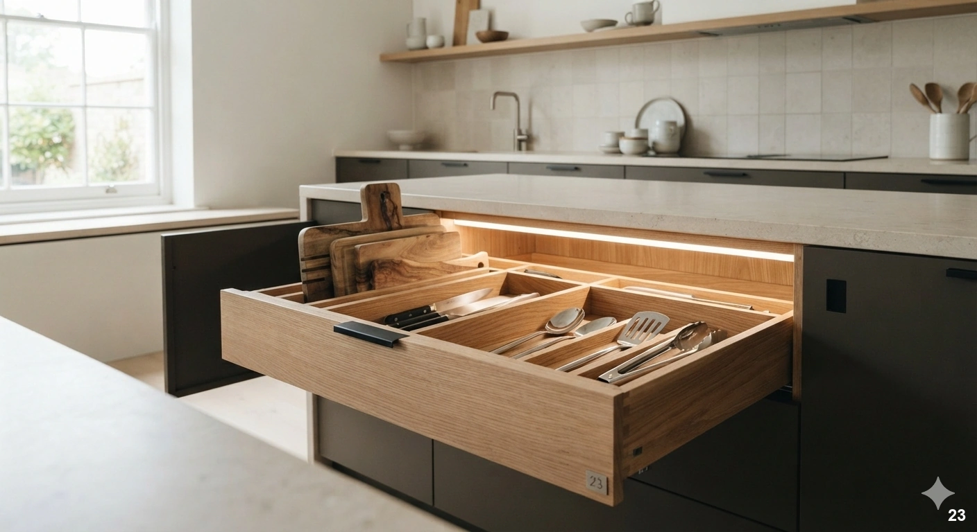 Professional architectural of a high-end, minimalist kitchen interior with an open custom cabinet drawer. the drawer...