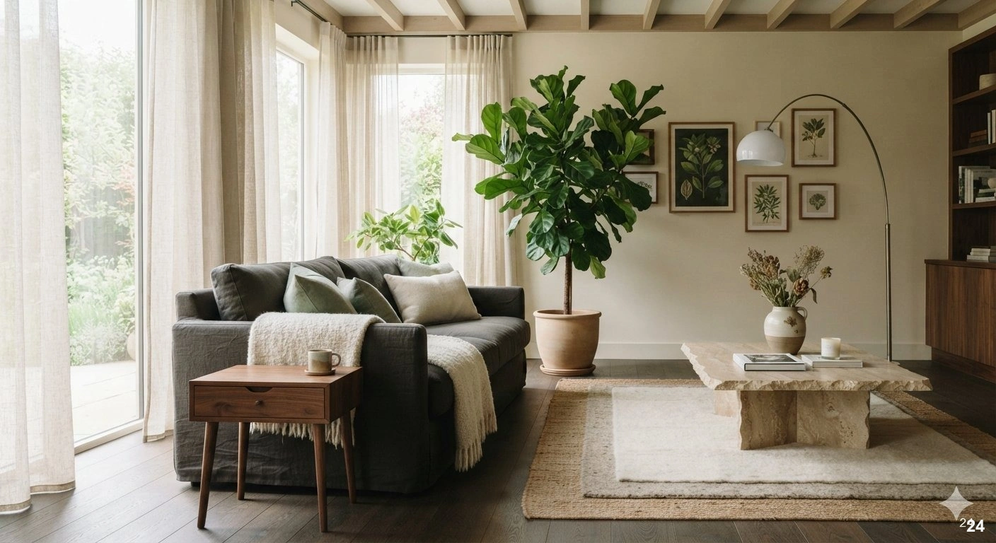 Professional architectural of a sophisticated living room featuring biophilic design. a large, lush fiddle leaf fig stands...